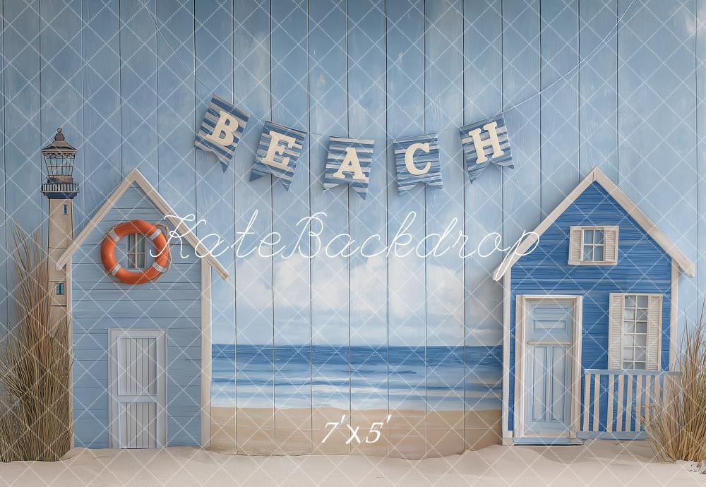 Kate Summer Beach Blue Houses Lighthouse Ocean Sand Printed Backdrop Designed by Angela Miller
