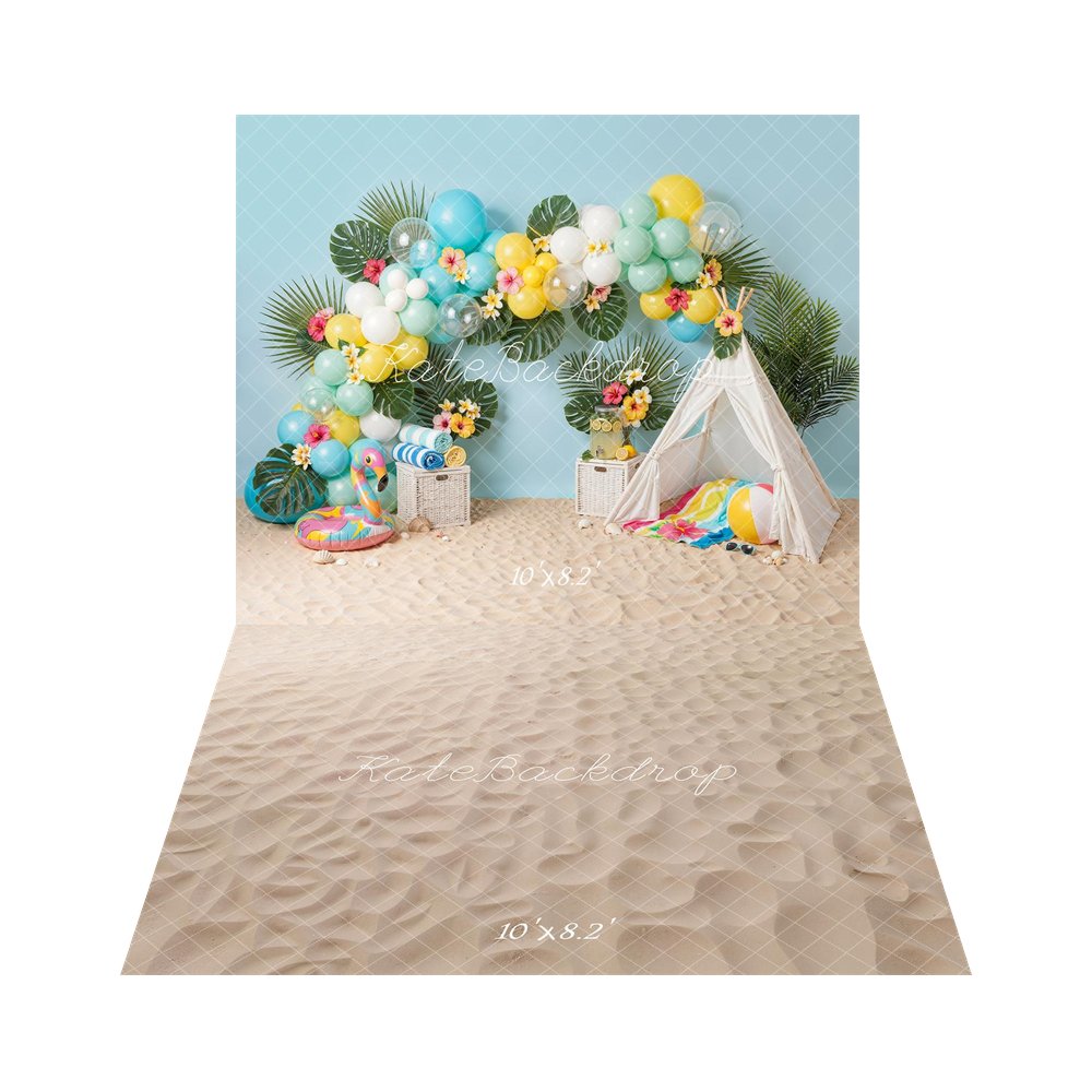 Kate Cake Smash Balloon Arch Flamingo Palm Leaves Tent Beach Scene Backdrop+Beige Sand Texture Backdrop
