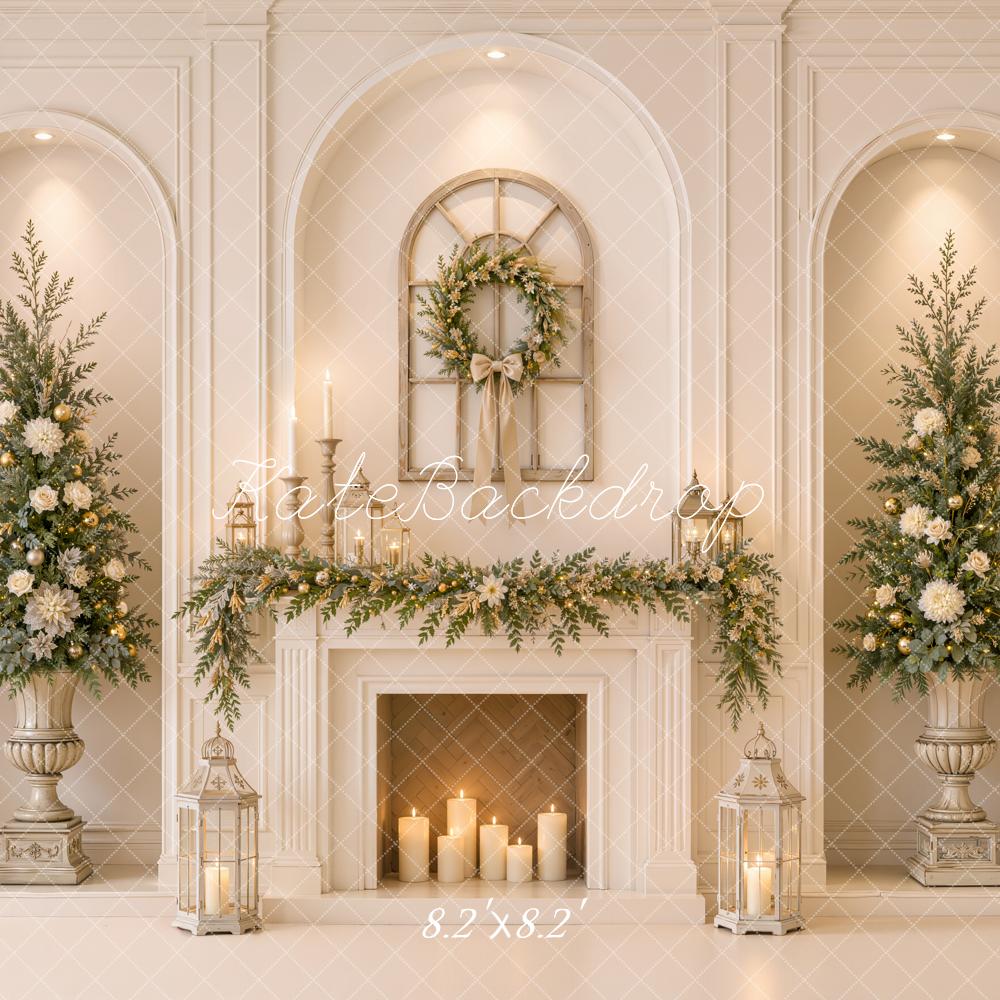 Kate Christmas Fireplace Elegant Trees Wreath Garland Printed Backdrop Designed by Emetselch