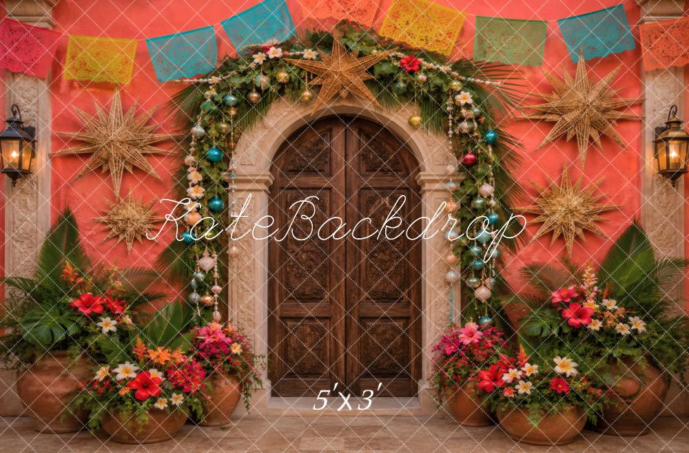 Kate Mexican Christmas Red Arched Door Garland Stars Printed Backdrop Designed by Vertigo Productions