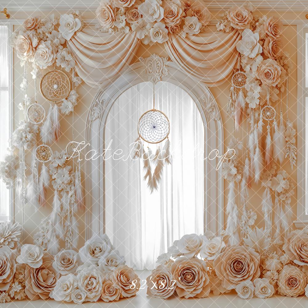 Kate Boho Bohemian Flower Arch Cream Dreamcatcher Drapes Backdrop Designed by Mini MakeBelieve