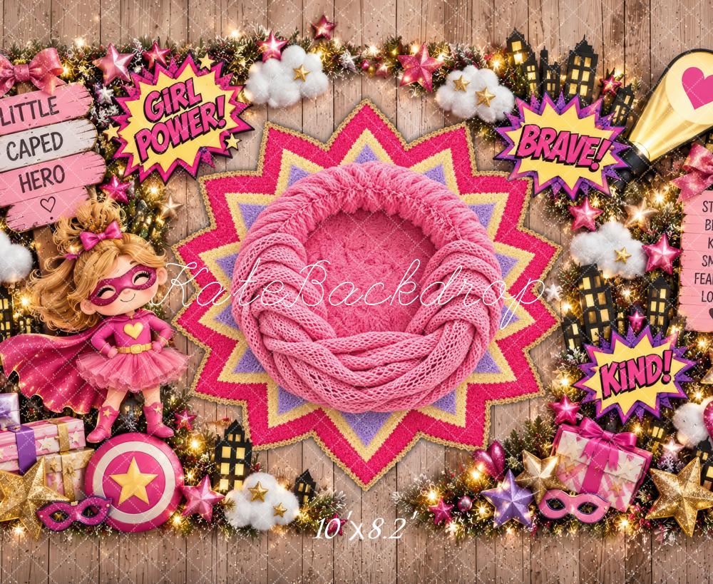 Kate Newborn Pink Girl SuperHero Gifts Printed Backdrop Designed by Laura Bybee