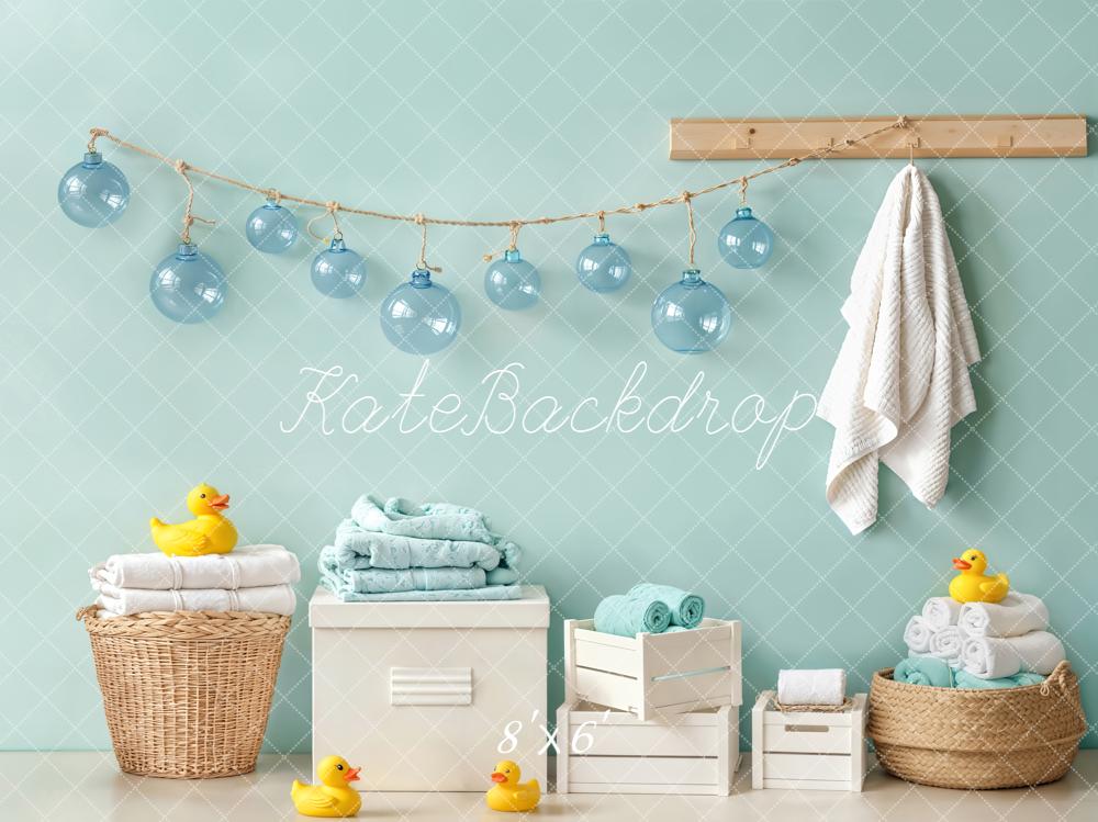 Kate Blue Bathroom Rubber Ducks Towels Baskets Hanging Lights Backdrop Designed by Emetselch