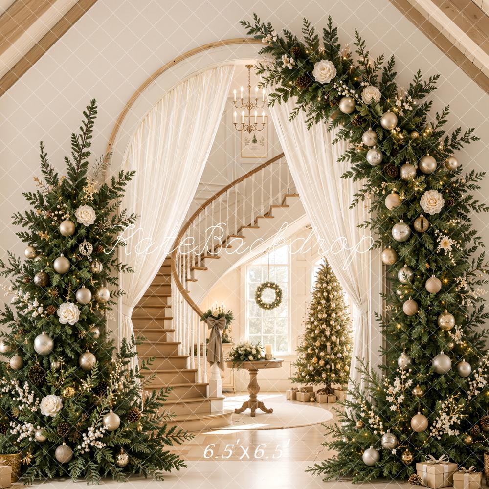 Kate Christmas Tree Arch Staircase Elegant Foyer Gable Roof Printed Backdrop Designed by Emetselch