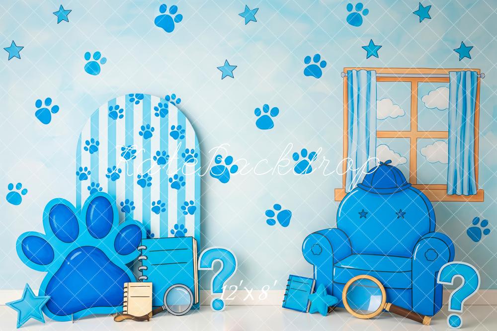 Kate Cake Smash Blue Paw Print Stars Chair Window Printed Backdrop Designed by Patty Roberts