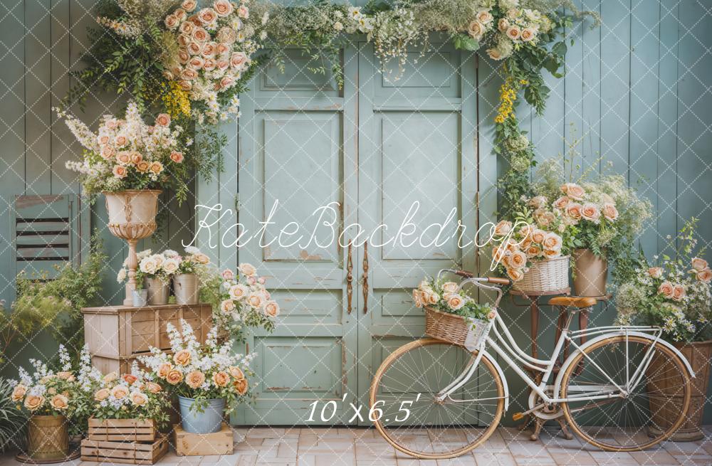 Kate Spring Flower Arch Bicycle Mint Green Door Printed Backdrop Designed by Emetselch
