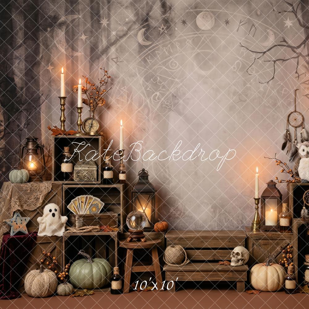 Kate Halloween Apothecary Cabinet Candles Pumpkins Spooky Printed Backdrop Designed by Patty Roberts