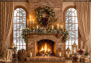 Kate Christmas Fireplace Garland Wreath Brick Wall Printed Backdrop Designed by Emetselch
