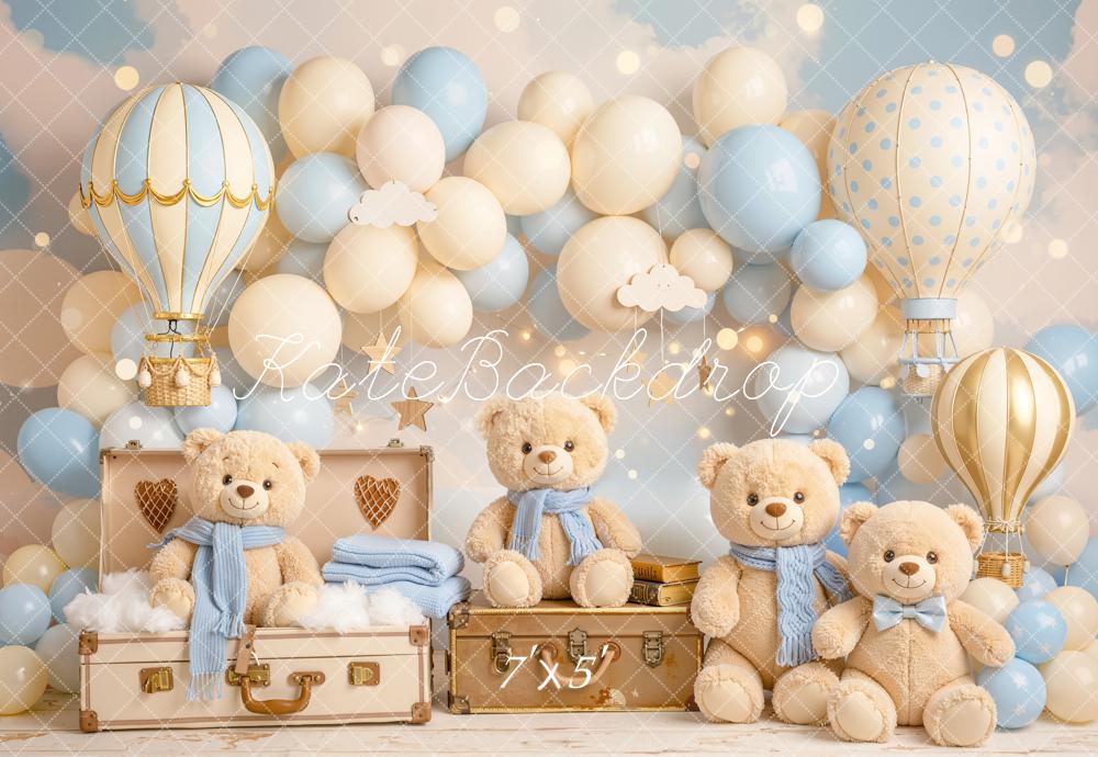 Kate Cake Smash Hot Air Balloon Teddy Bear Balloon Arch Blue Backdrop Designed by Chain Photography
