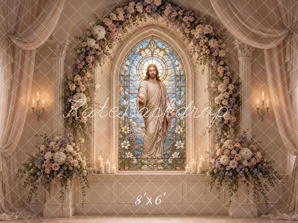 Kate Easter Christian Jesus Stained Glass Floral Arch Printed Backdrop Designed by Ashley Ward