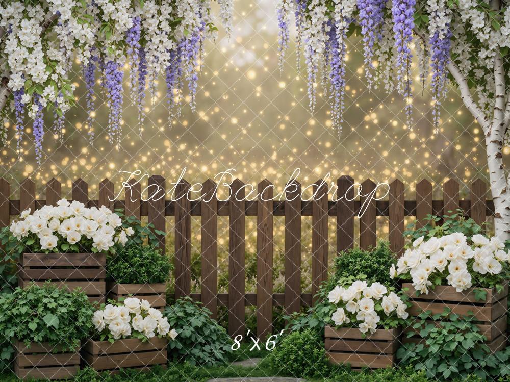 Kate Spring Wooden Fence White Flowers Wisteria Fairy Lights Backdrop Designed by Mini MakeBelieve