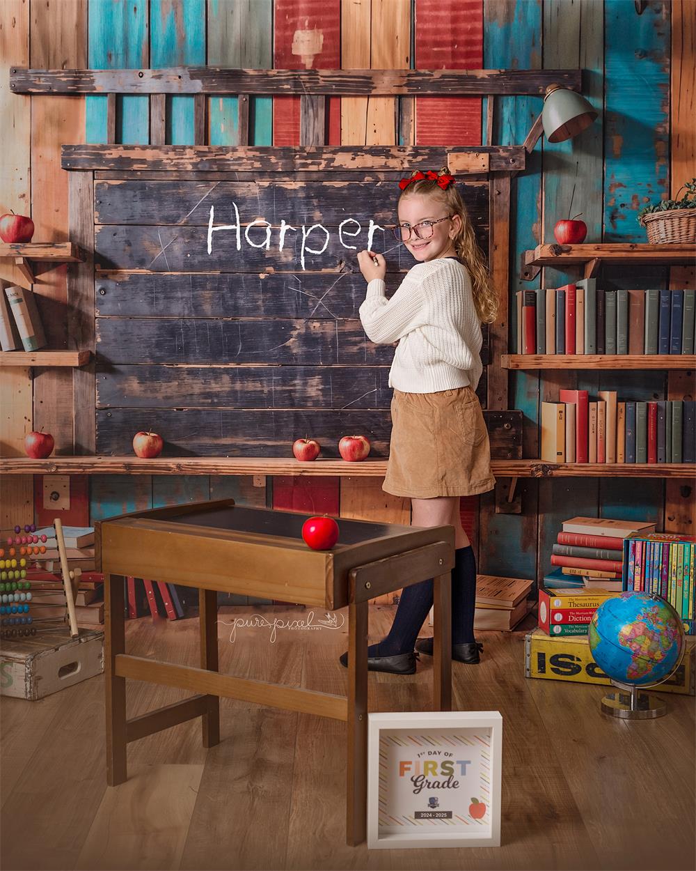 Kate Back to School Dark Brown Wooden Bookshelf Blackboard Backdrop Designed by Emetselch