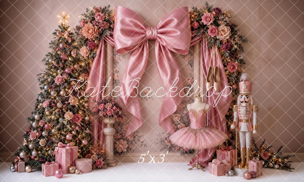 Kate Christmas Tree Pink Bow Nutcracker Ballerina Printed Backdrop Designed by Ashley Ward
