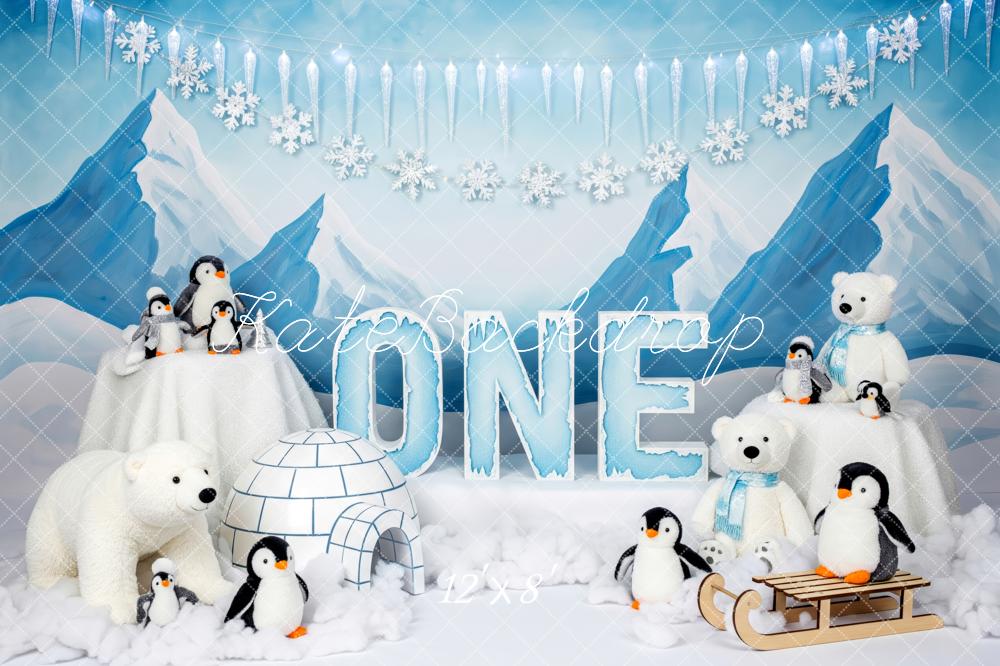 Kate First Birthday Winter Penguin Polar Bear Igloo Mountains Backdrop Designed by Patty Roberts