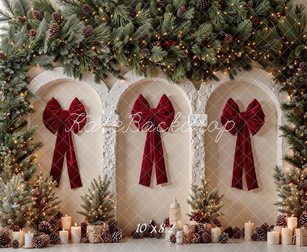 Kate Christmas Red Bow Arches Pine Garland Candles Printed Backdrop Designed by Emetselch