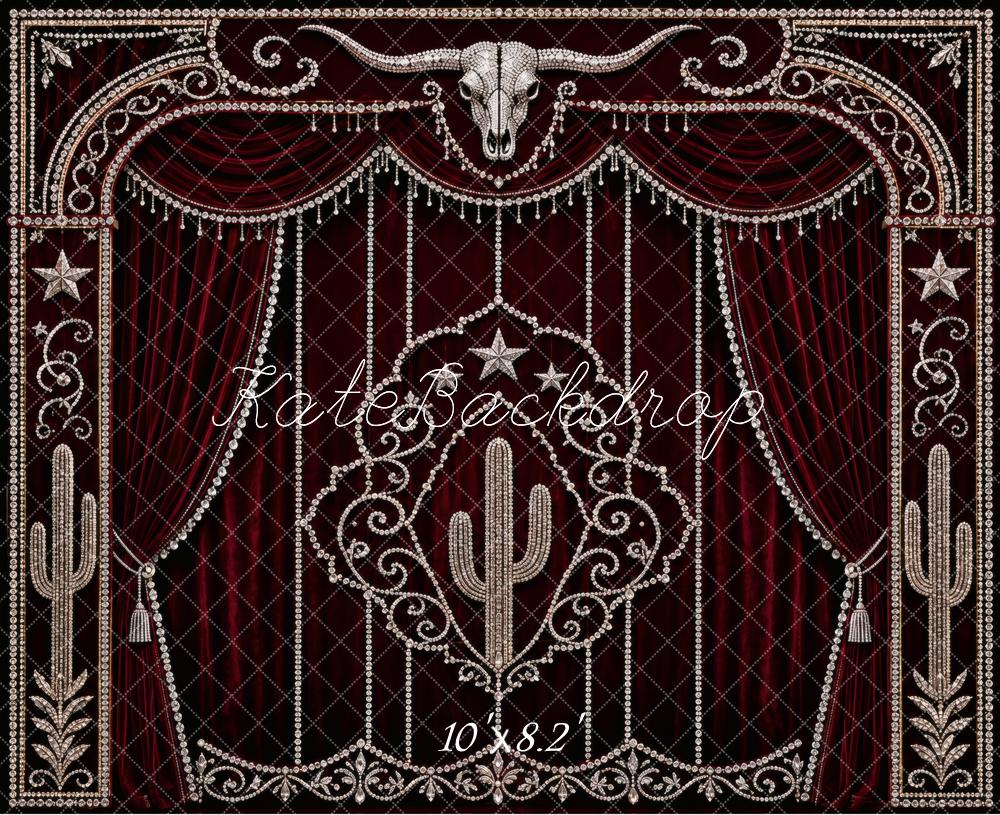 Kate Burgundy Western Rhinestone Red Curtain Printed Backdrop Designed by Vertigo Productions