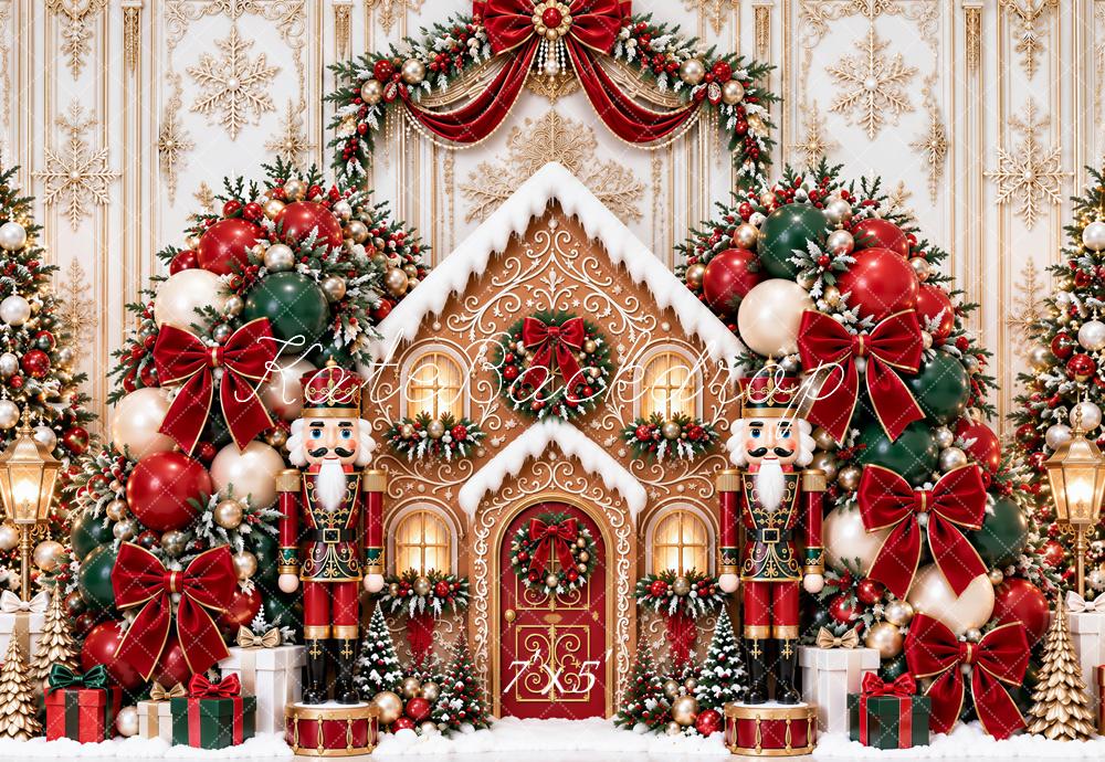 Kate Christmas Gingerbread House Nutcracker Arch Red Bow Snow Printed Backdrop Designed by Ashley Paul