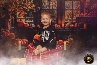 Kate Autumn Halloween Pumpkin Black Arched Window Printed Backdrop Designed by Emetselch