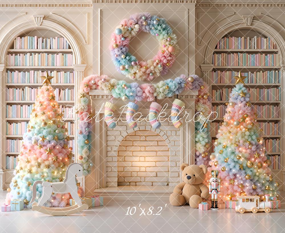 Kate Christmas Trees Pastel Colorful Fireplace Wreath Library Printed Backdrop Designed by Emetselch