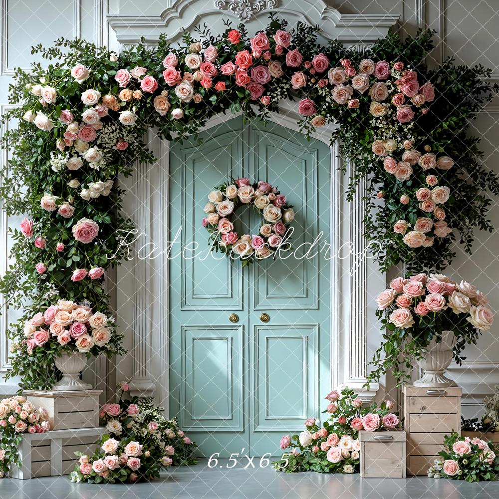 Kate Spring Flower Arch Mint Door Floral Crates Backdrop Designed by Mini MakeBelieve