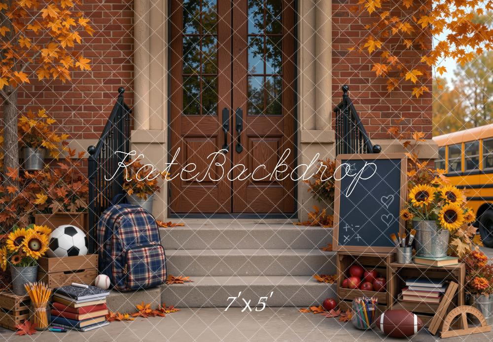 Kate Back To School Fall Brick Entrance Backpack Chalkboard Sunflowers Printed Backdrop Designed by Mini MakeBelieve