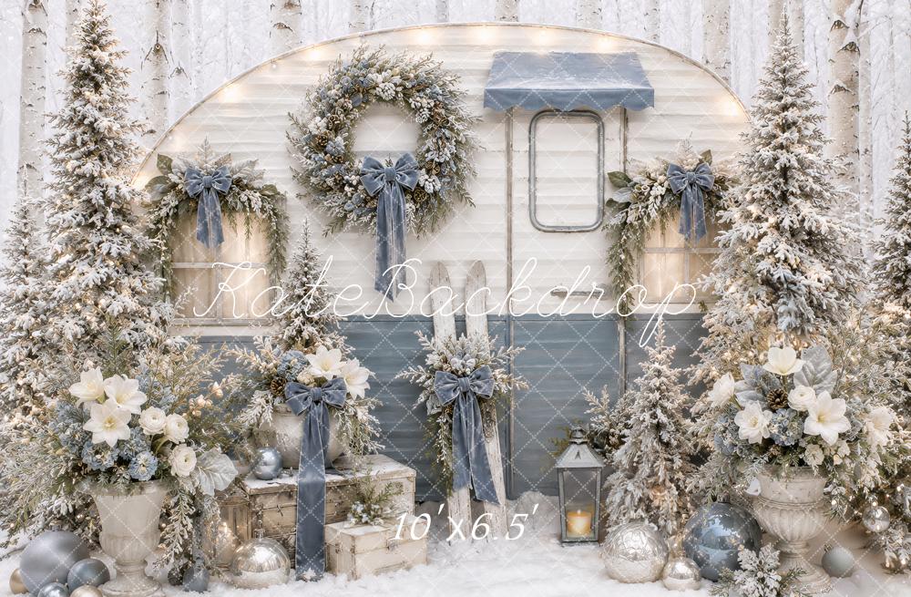 Kate Christmas Snowy Blue Camper Bow Wreaths Printed Backdrop Designed by Ashley Paul