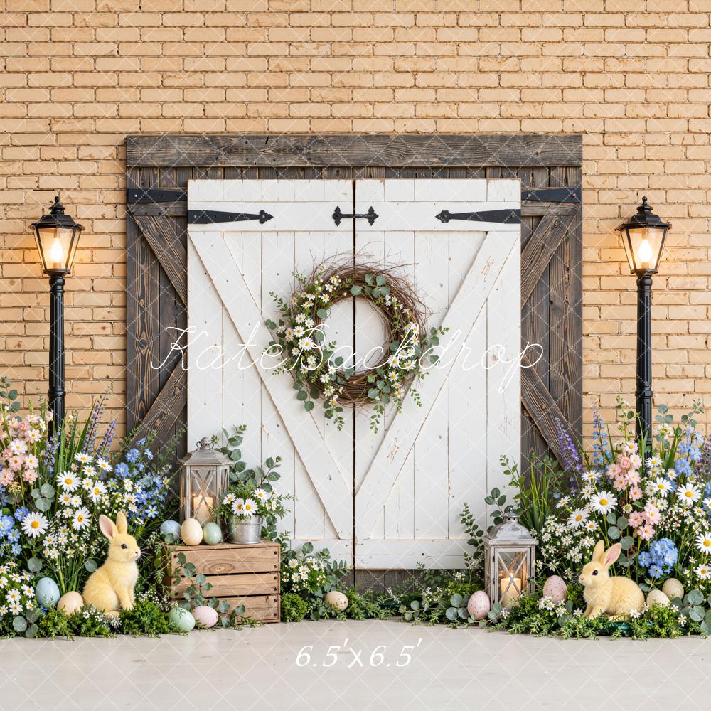 Kate Easter White Barn Door Flower Wreath Bunny Printed Backdrop Designed by Emetselch