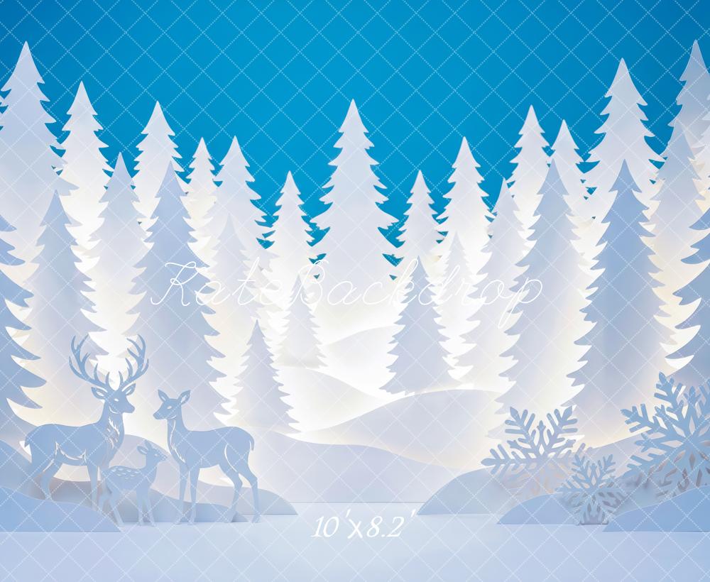 Kate Winter Blue Snowy Forest Paper Silhouettes Deer Snowflakes Printed Backdrop Designed by Patty Roberts