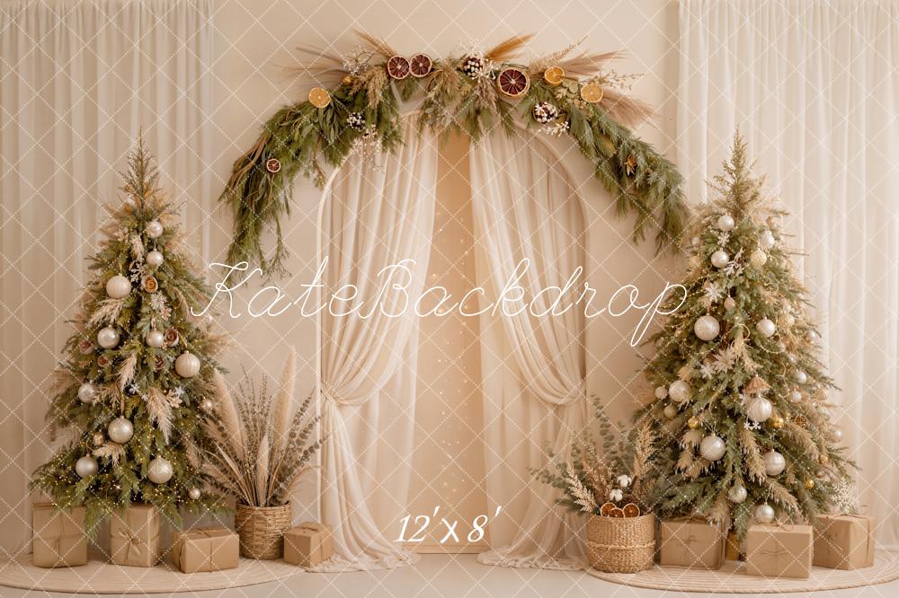 Kate Christmas Boho Flower Arch Cream Drapes Neutral Trees Printed Backdrop Designed by Emetselch