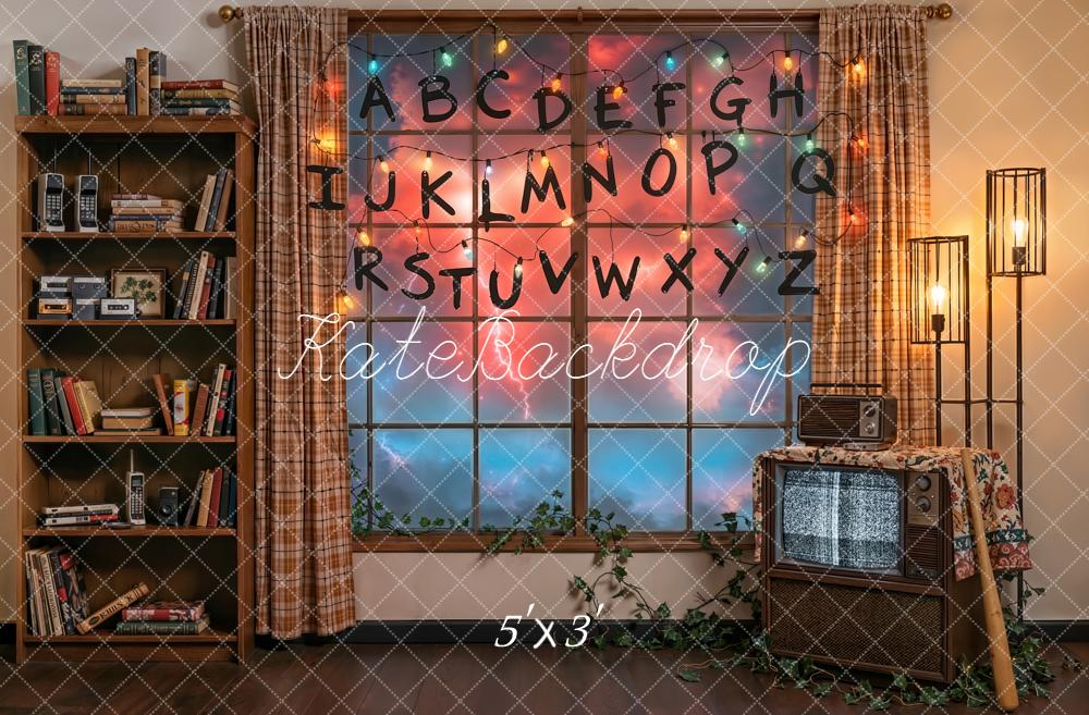 Kate Retro Living Room Alphabet String Lights Window Printed Backdrop Designed by Emetselch