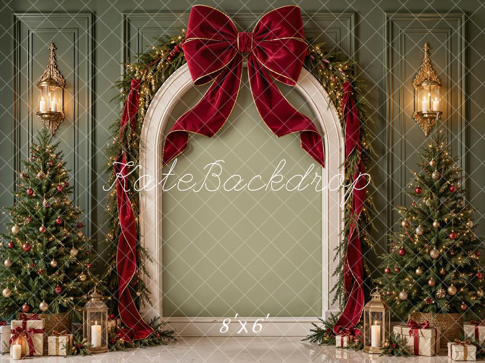 Kate Christmas Arch Red Bow Evergreen Trees Gifts Printed Backdrop Designed by Emetselch