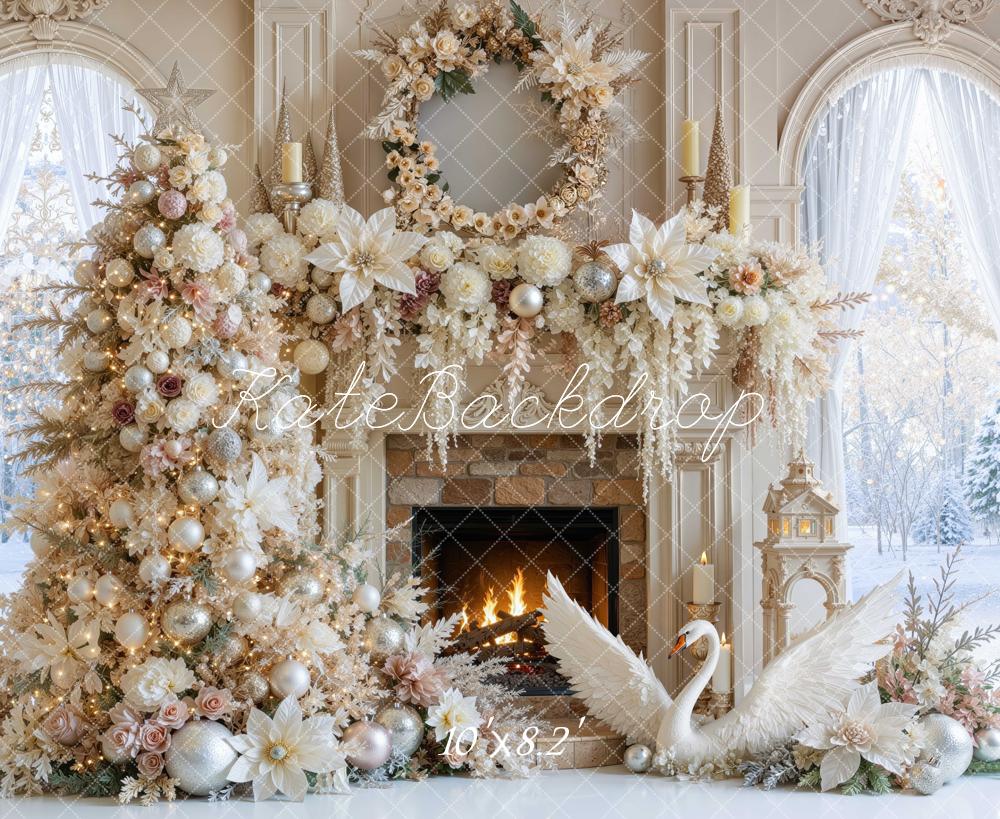 Kate Christmas Tree Fireplace Floral Swan Poinsettia Gold Printed Backdrop Designed by Mini MakeBelieve