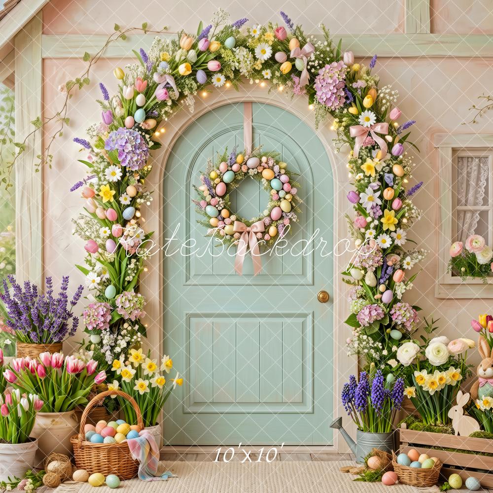 Kate Easter Bunny Flower Arch Tulips Pastel Doorway Printed Backdrop Designed by Patty Roberts