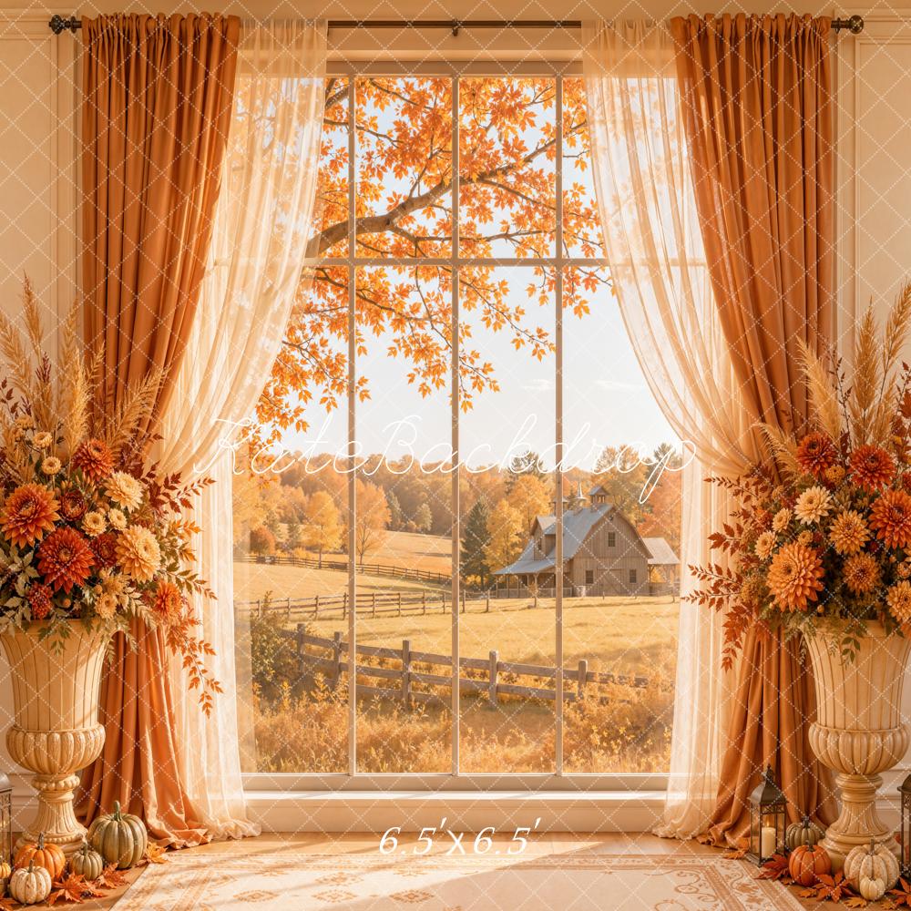 Kate Fall Cozy Window Farm Orange Curtains Pumpkins Floral Printed Backdrop Designed by Emetselch