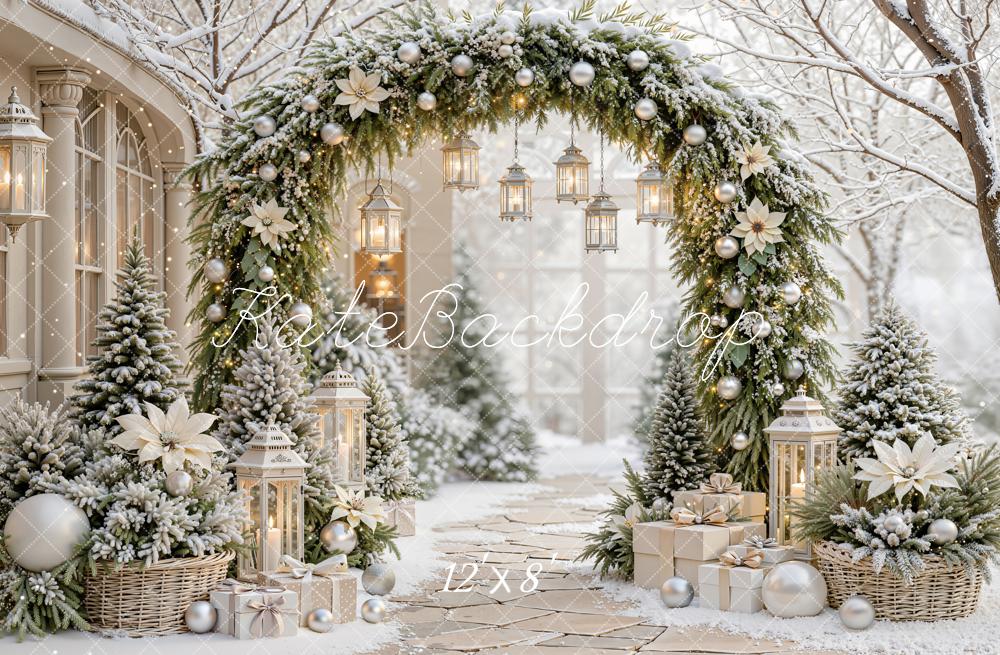 Kate Christmas Floral Pine Arch Lanterns Snowy Outdoor Printed Backdrop Designed by Emetselch