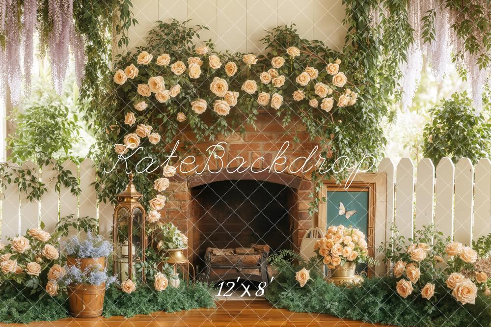Kate Spring Flower Arch Brick Fireplace Garden Backdrop Designed by Emetselch