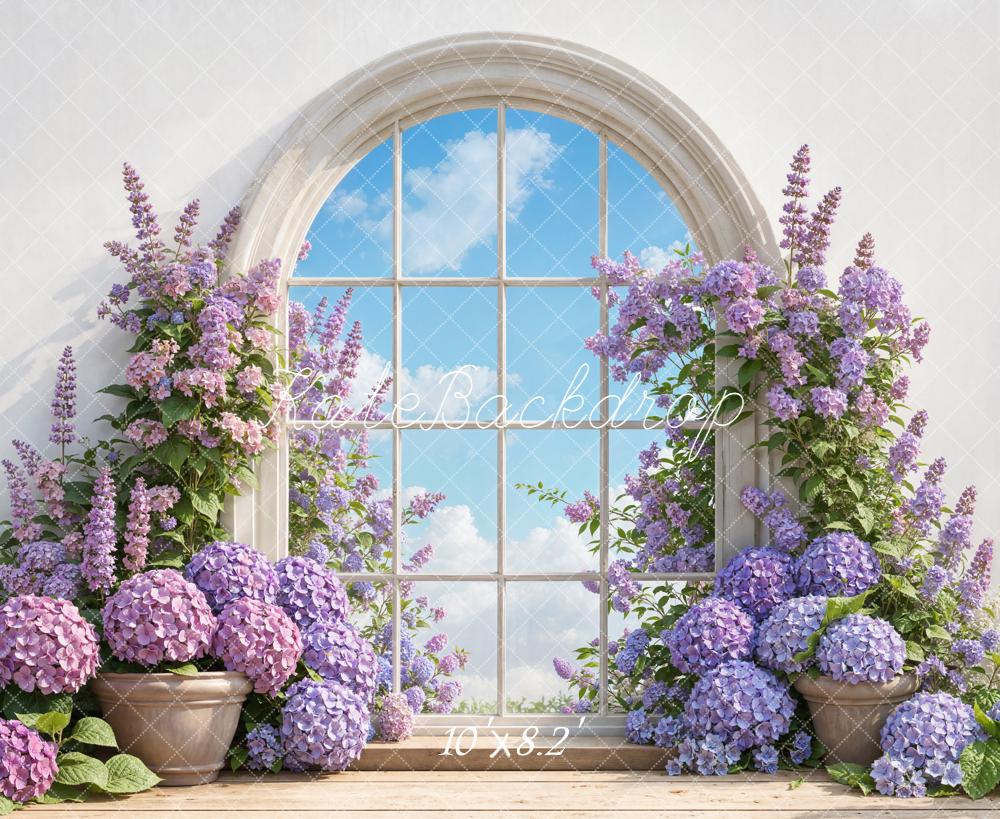Kate Spring Purple Flower Arched Window Sky Backdrop Designed by Emetselch