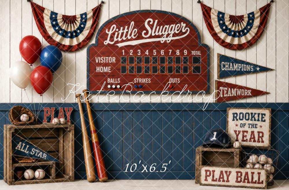 Kate Baseball Vintage Scoreboard Bats Crates Balloons Bunting Printed Backdrop Designed by Shutter Swan Studios