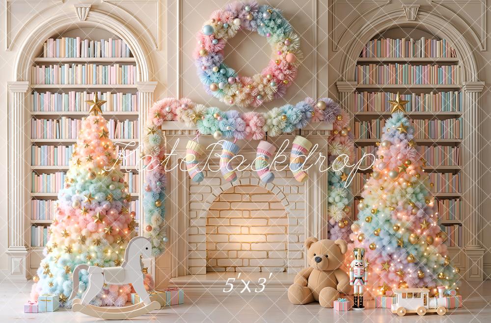 Kate Christmas Trees Pastel Colorful Fireplace Wreath Library Printed Backdrop Designed by Emetselch