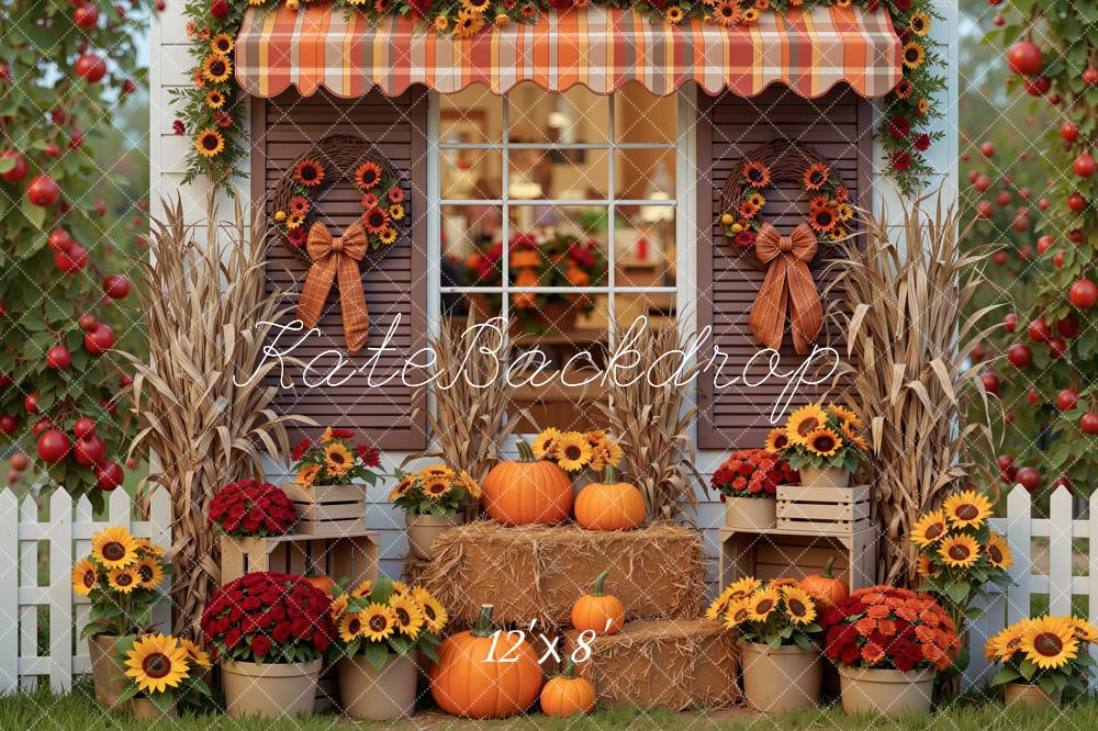 Kate Fall Cottage Pumpkins Sunflowers Hay Bales Window Printed Backdrop Designed by Mini MakeBelieve