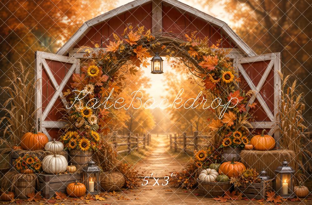 Kate Fall Barn Circle Floral Arch Pumpkin Pathway Printed Backdrop Designed by Emetselch
