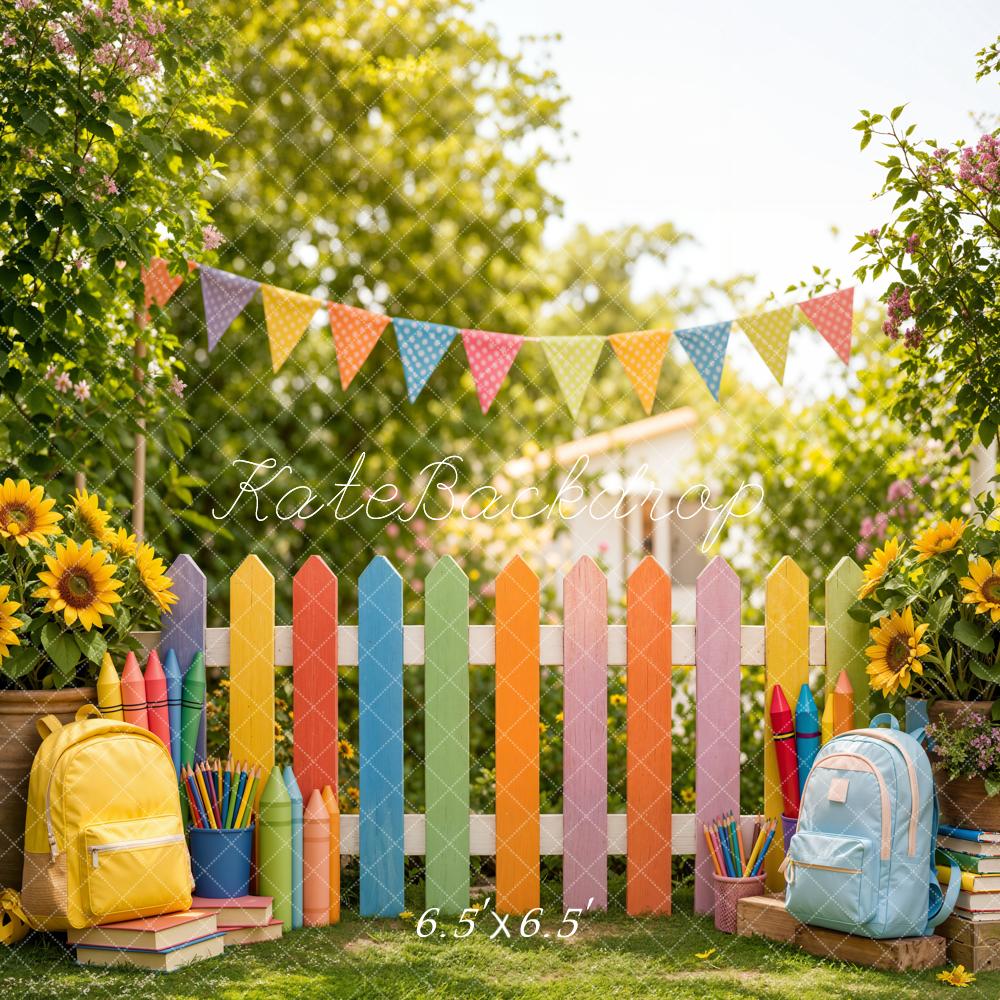 Kate Back to School Colorful Fence Hopscotch Playground Kids Printed Backdrop Designed by Emetselch