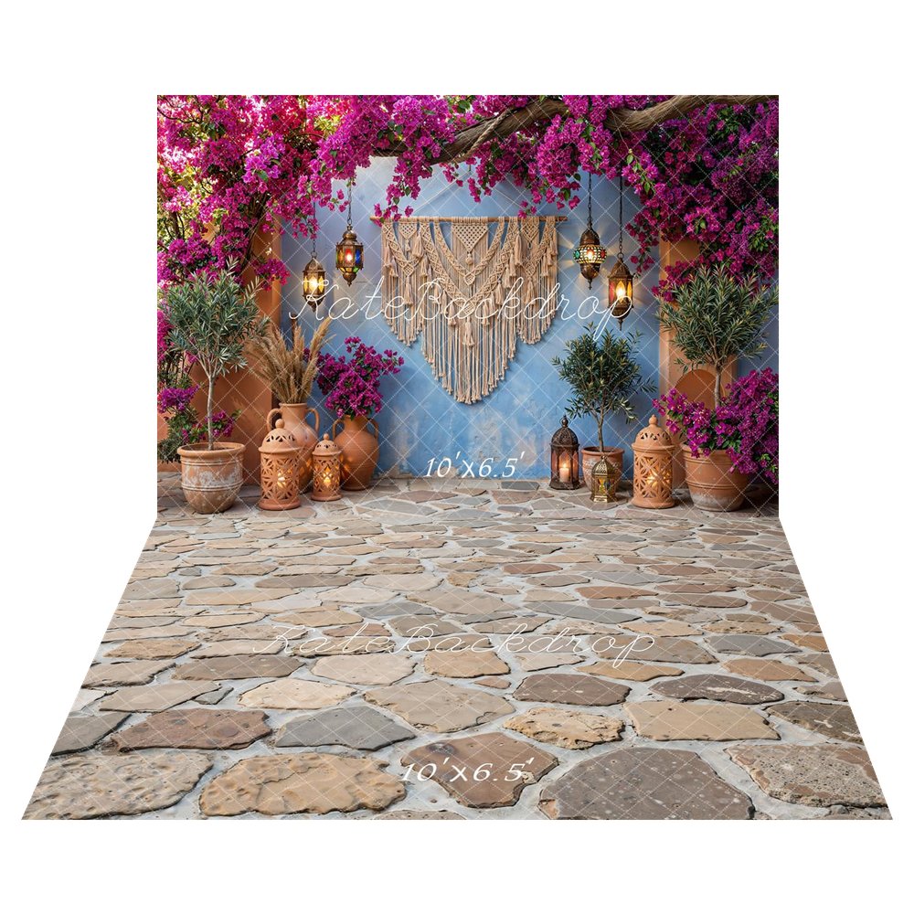 Kate Boho Macrame Pink Flower Arch Lanterns Terracotta Pots Blue Wall Backdrop+Cobblestone Floor Backdrop