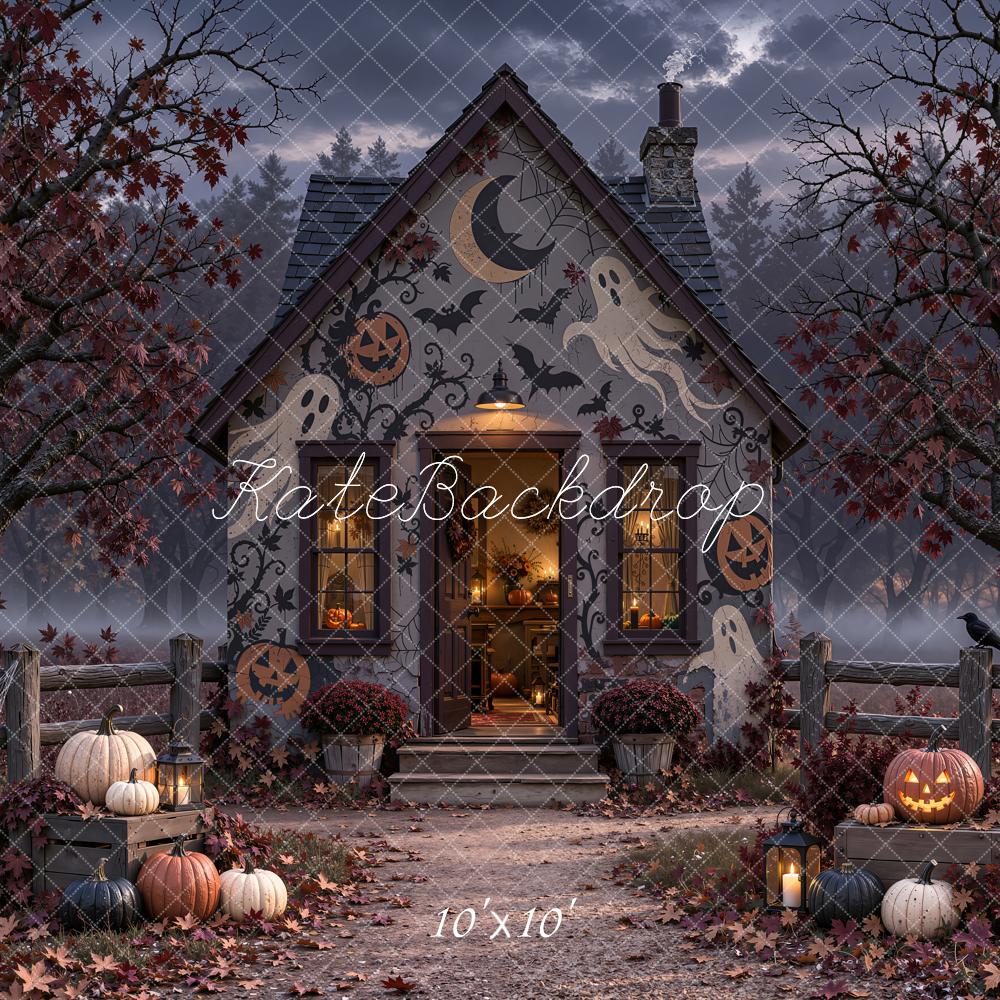 Kate Halloween Haunted House Bats Ghosts Pumpkins Printed Backdrop Designed by Emetselch