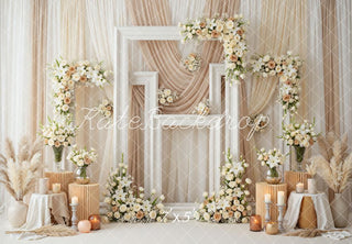 Kate Wedding Flower Arch Frames Candles Beige Drapes Printed Backdrop Designed by Mini MakeBelieve
