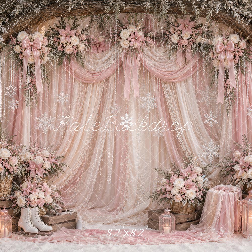 Kate Christmas Winter Pink Lace Drapery Floral Branch Arch Printed Backdrop Designed by Ashley Paul