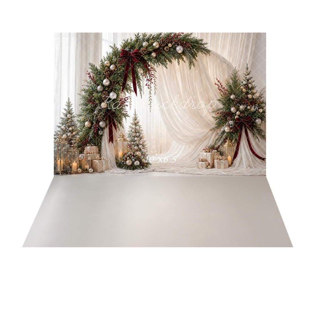 Kate Christmas Circle Flower Arch White Drapes Gold Ornaments Gifts Printed Backdrop+White Floor Printed Backdrop