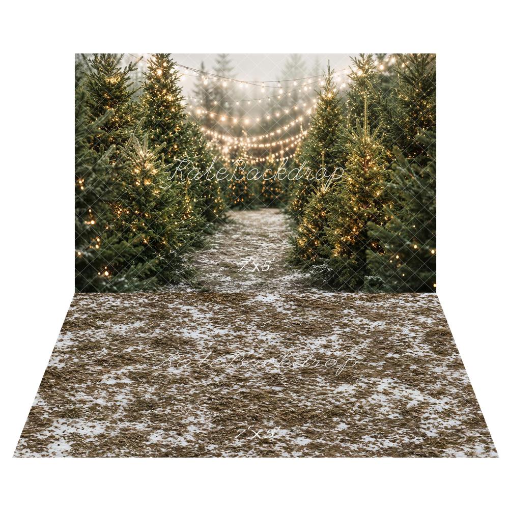 Kate Christmas Pine Tree Forest String Lights Printed Backdrop+Snowy Ground Dry Grass Floor Printed Backdrop