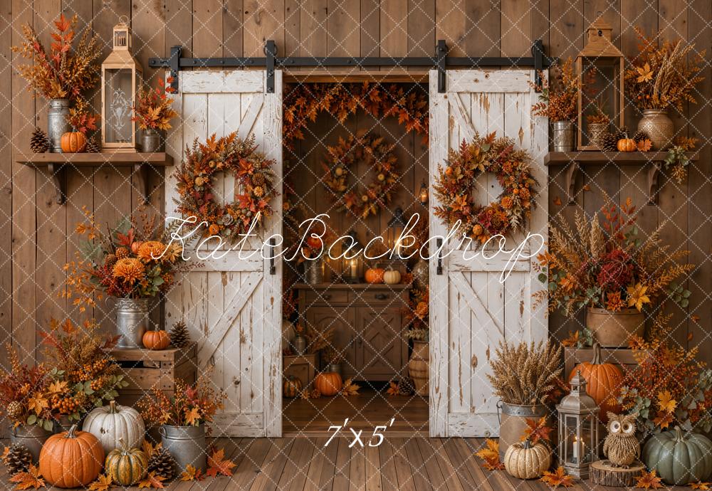 Kate Fall Barn Door Flowers Pumpkins Wreath Rustic Wood Printed Backdrop Designed by Emetselch