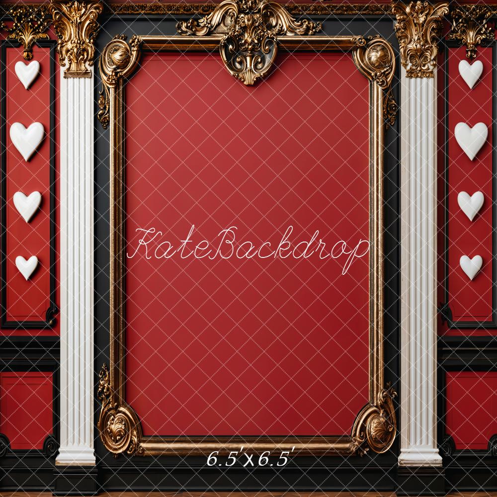 Kate Retro Red Baroque Hearts Columns Gold Frame Wall Backdrop Designed by Emetselch